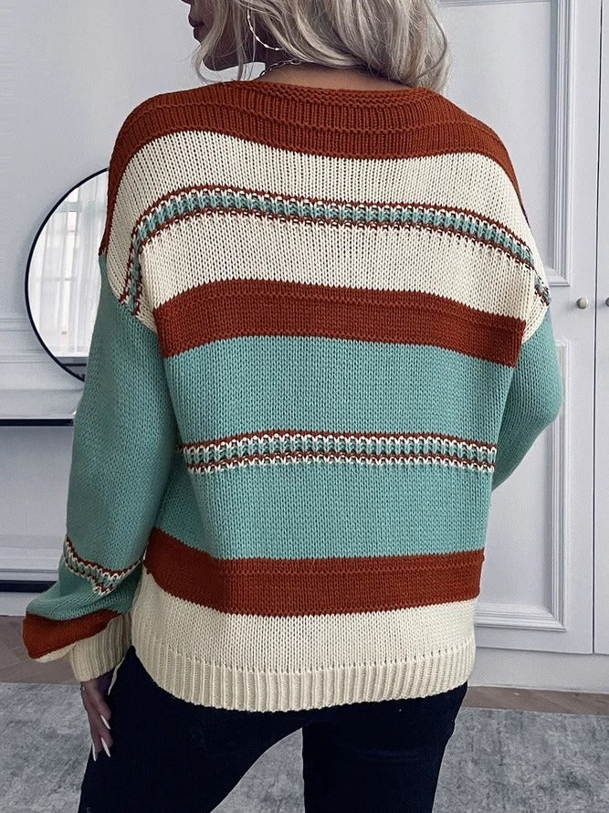 Women’s Sweatshirt – Relaxed Fit Knit – V-Neck – Striped – Long Sleeve Casual Wear