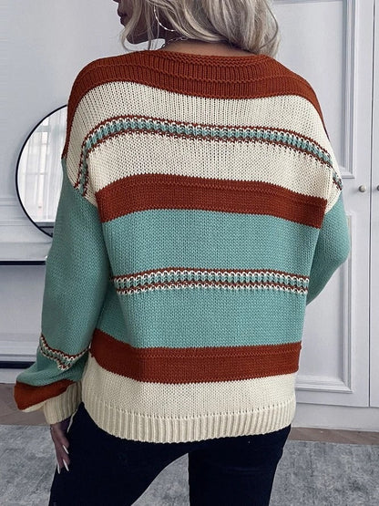 Women’s Sweatshirt – Relaxed Fit Knit – V-Neck – Striped – Long Sleeve Casual Wear