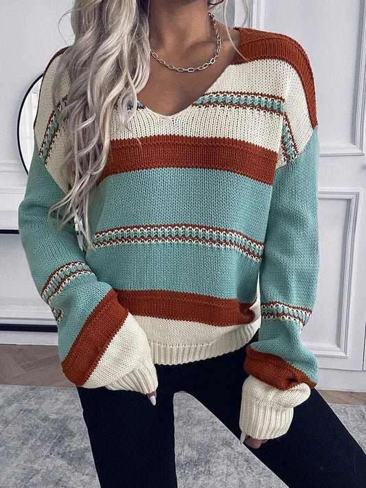 Women’s Sweatshirt – Relaxed Fit Knit – V-Neck – Striped – Long Sleeve Casual Wear