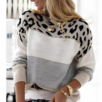 Women’s Sweatshirt – Relaxed Fit – Knitted – Animal Print – Colorblock – Long Sleeve