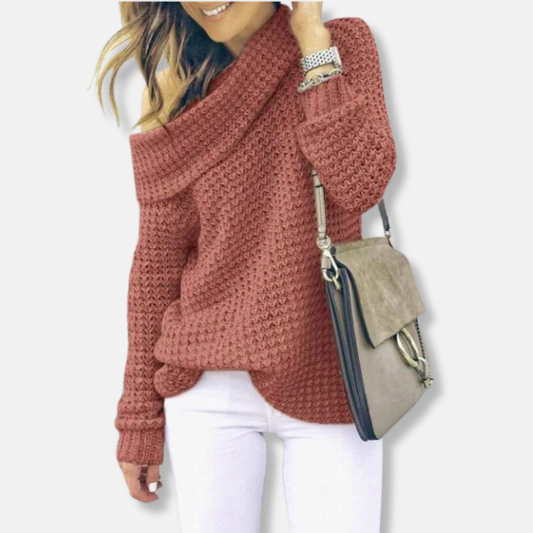Women’s Sweatshirt Top – Oversized Relaxed Fit – Chunky Knit – Off-Shoulder Neckline