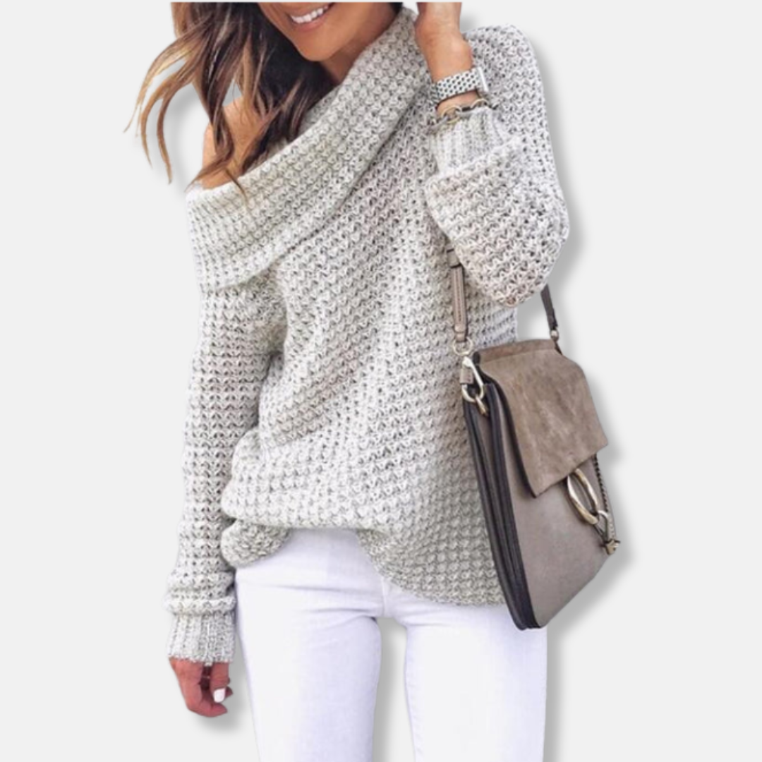 Women’s Sweatshirt Top – Oversized Relaxed Fit – Chunky Knit – Off-Shoulder Neckline