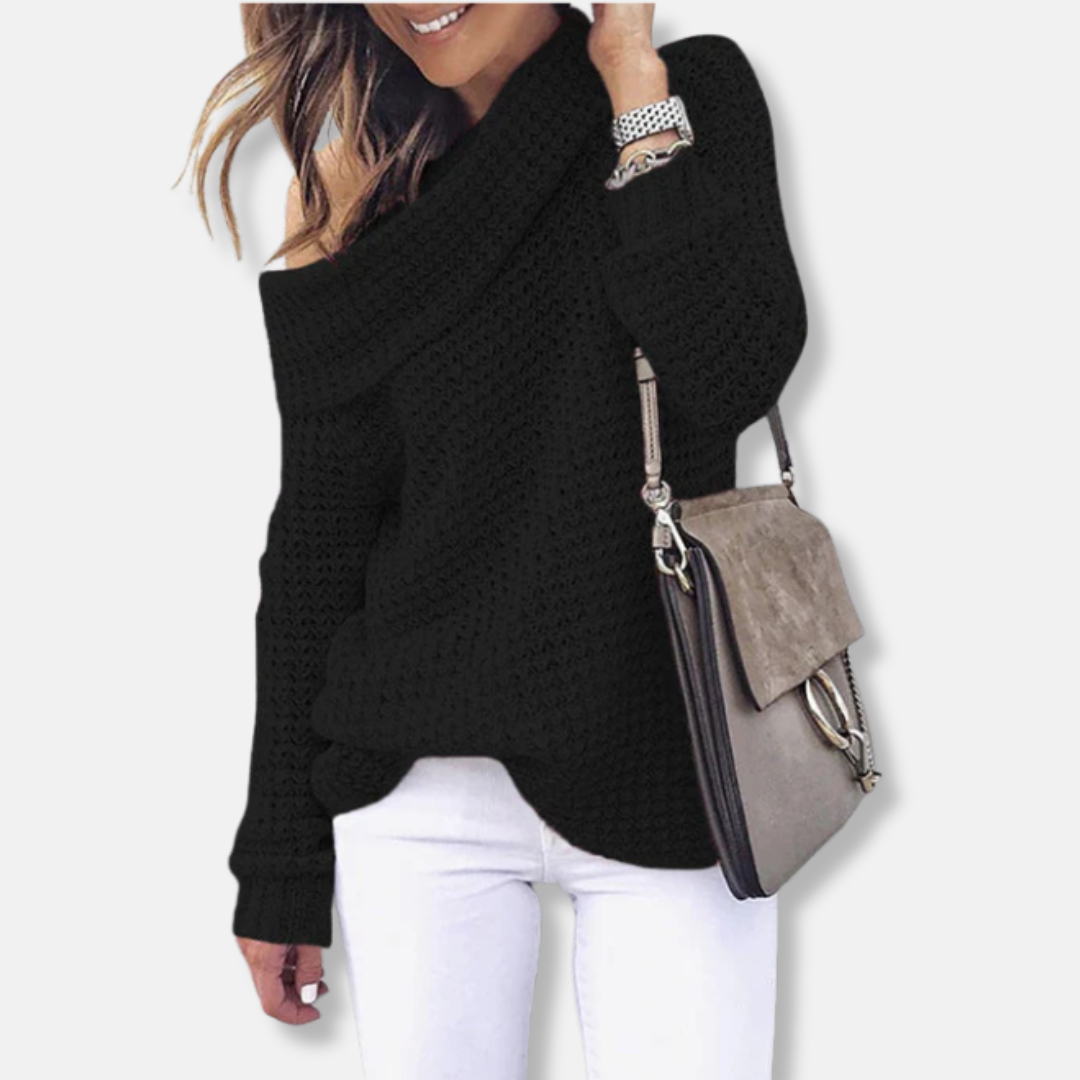 Women’s Sweatshirt Top – Oversized Relaxed Fit – Chunky Knit – Off-Shoulder Neckline