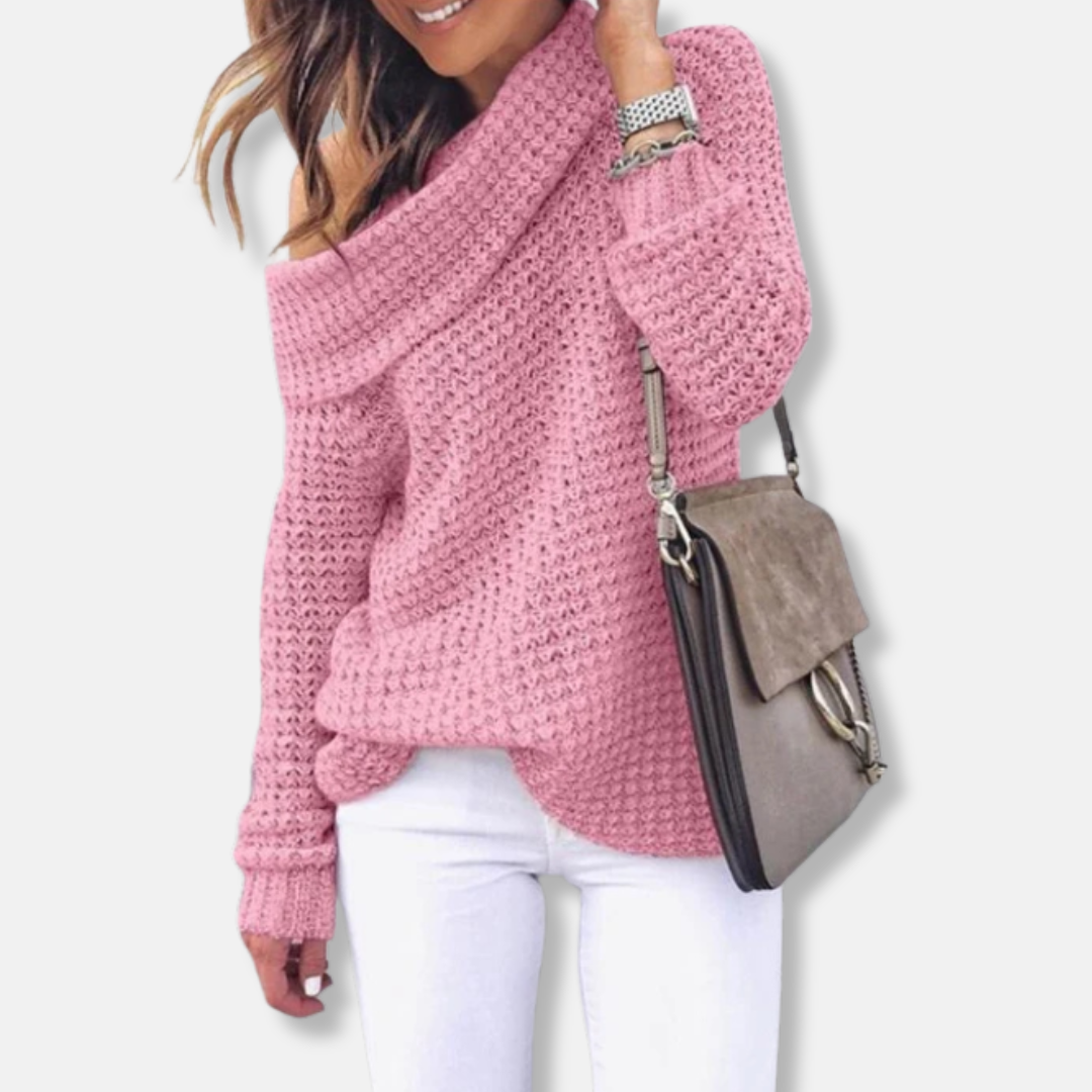 Women’s Sweatshirt Top – Oversized Relaxed Fit – Chunky Knit – Off-Shoulder Neckline