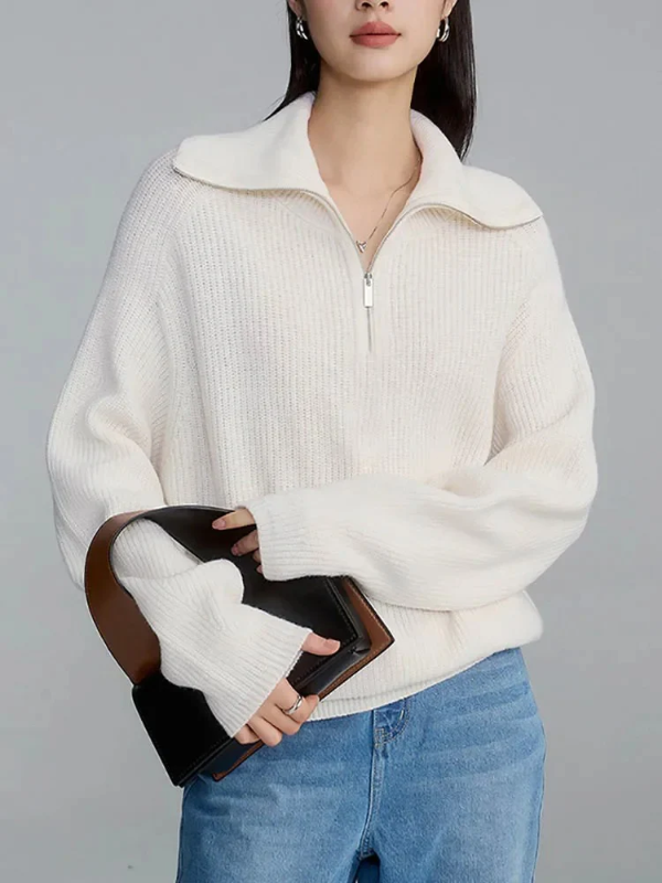 Women’s Sweatshirt – Wool – Relaxed Fit – High Zip Collar – Ribbed Knit Trim