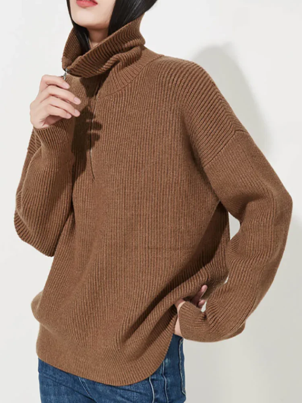 Women’s Sweatshirt – Wool – Relaxed Fit – High Zip Collar – Ribbed Knit Trim