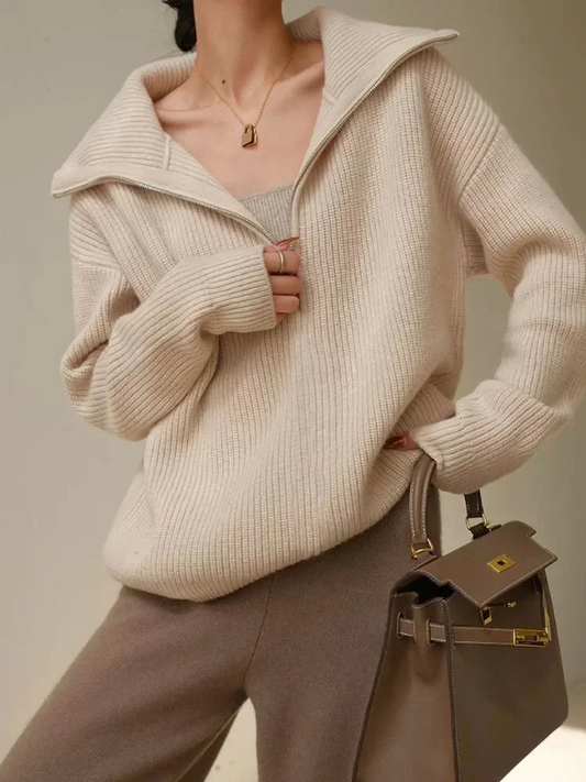 Women’s Sweatshirt – Wool – Relaxed Fit – High Zip Collar – Ribbed Knit Trim