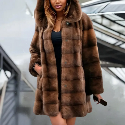 Women’s Trench Coat – Faux Fur – Relaxed Fit – Hooded – Snap Closure – Mid-Thigh