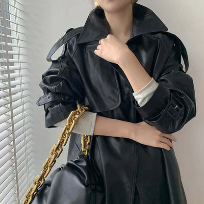 Women’s Trench Coat – Leather Look – Loose Fit – Double Breasted – Full Length