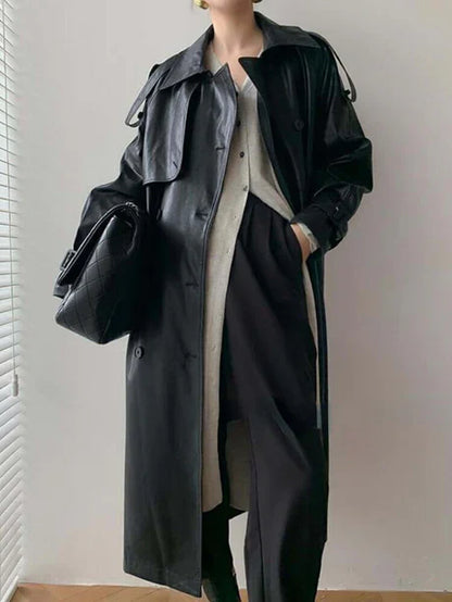 Women’s Trench Coat – Leather Look – Loose Fit – Double Breasted – Full Length
