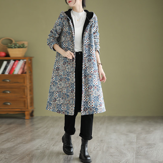 Women’s Trench Coat – Loose Fit – A-Line Silhouette – Geometric Pattern – Hooded Casual Layer