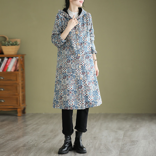 Women’s Trench Coat – Loose Fit – A-Line Silhouette – Geometric Pattern – Hooded Casual Layer