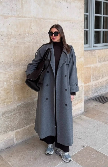Women’s Trench Coat – Oversized Fit – Wool Feel – Double-Breasted – Belted Classic Style