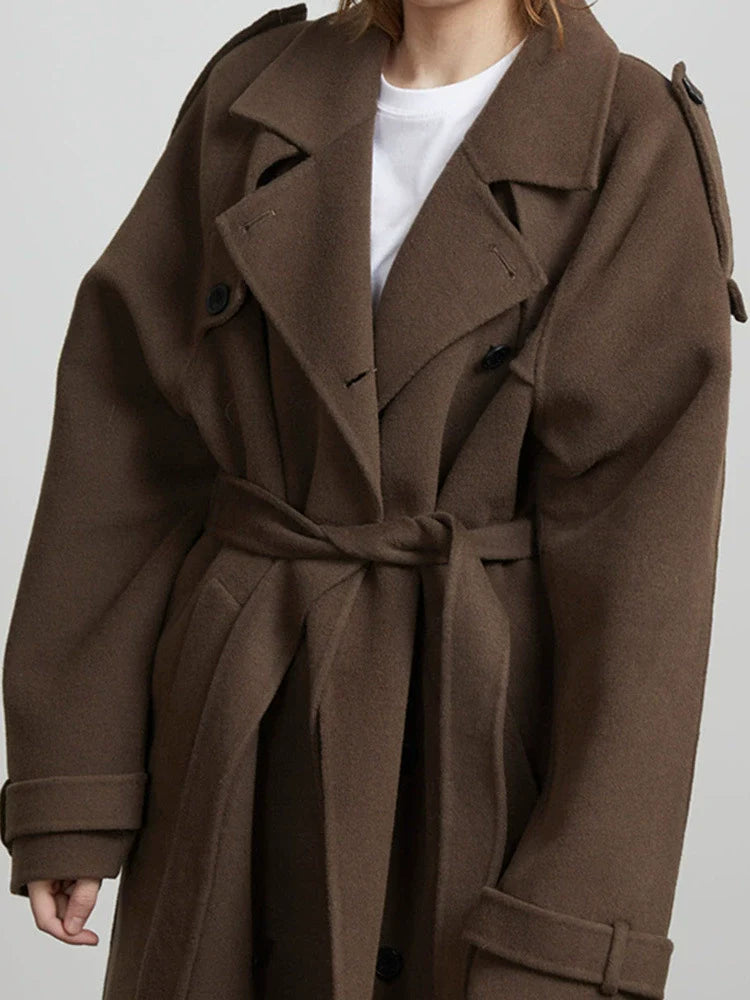 Women’s Trench Coat – Oversized Fit – Wool Feel – Double-Breasted – Belted Classic Style