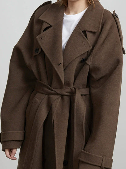 Women’s Trench Coat – Oversized Fit – Wool Feel – Double-Breasted – Belted Classic Style