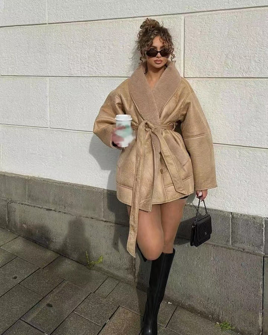 Women’s Trench Coat – Oversized Relaxed Fit – Plush Collar – Self-Tie Belt – Mid-Thigh Length