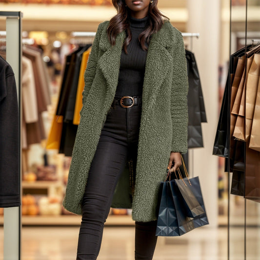 Women’s Trench Coat – Relaxed Fit – Plush Textured Fabric – Notched Lapel – Mid-Calf Length