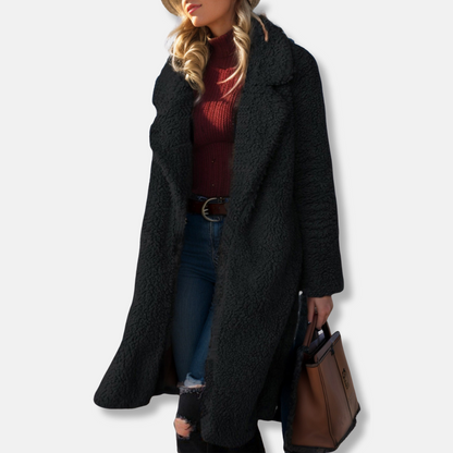Women’s Trench Coat – Relaxed Fit – Plush Textured Fabric – Notched Lapel – Mid-Calf Length