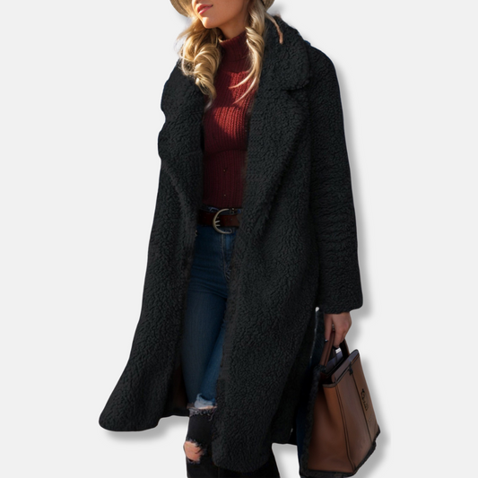 Women’s Trench Coat – Relaxed Fit – Plush Textured Fabric – Notched Lapel – Mid-Calf Length