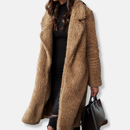 Women’s Trench Coat – Relaxed Fit – Plush Textured Fabric – Notched Lapel – Mid-Calf Length