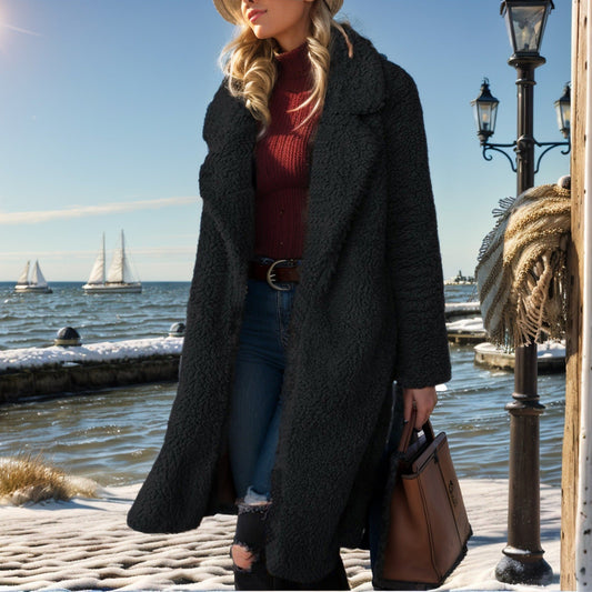 Women’s Trench Coat – Relaxed Fit – Plush Textured Fabric – Notched Lapel – Mid-Calf Length
