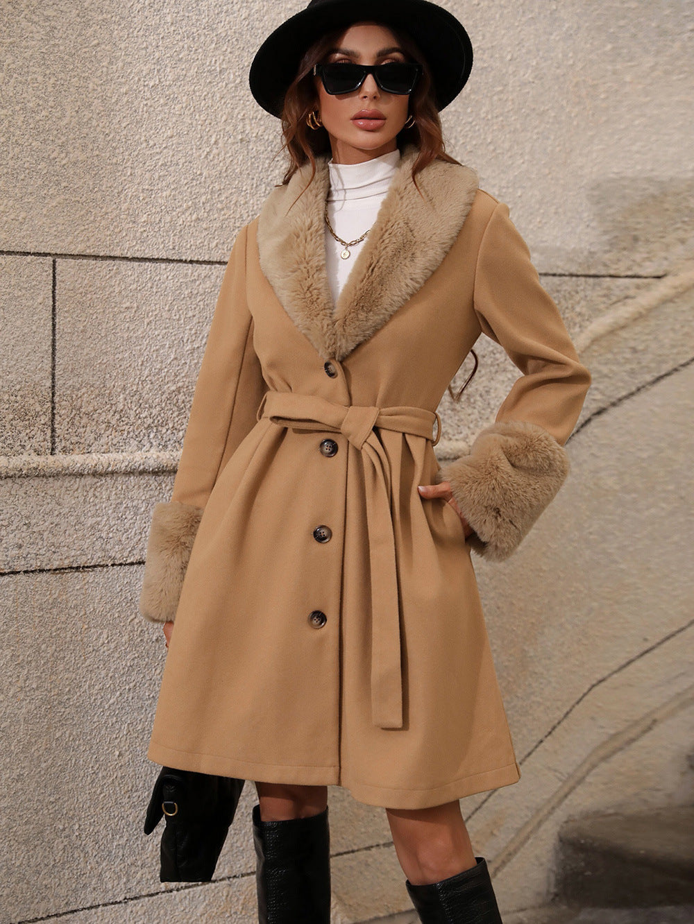 Women’s Trench Coat – Tailored Fit – Wool Blend – Faux Fur Collar & Cuffs – Belted