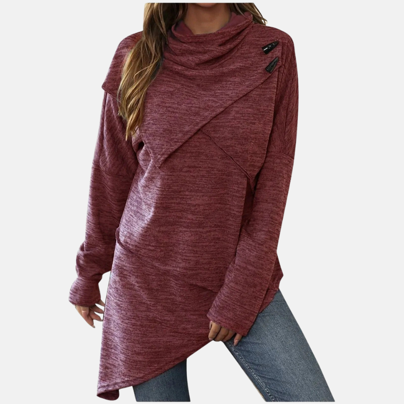 Women’s Tunic Sweater – Wool Blend – Relaxed Fit – Cowl Neck – Asymmetrical Hem