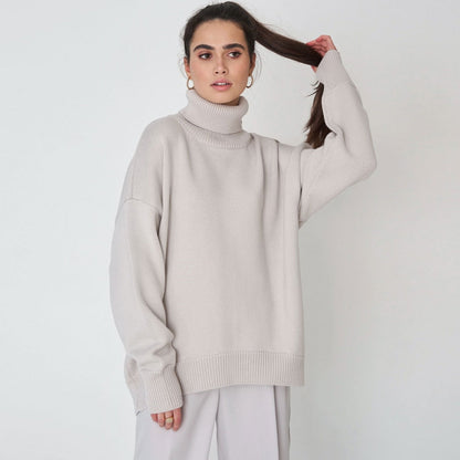 Women’s Turtleneck Sweater – Oversized Fit – Wool Knit – Ribbed Hem and Cuffs – Tunic Length