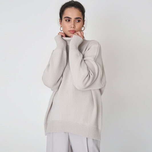 Women’s Turtleneck Sweater – Oversized Fit – Wool Knit – Ribbed Hem and Cuffs – Tunic Length