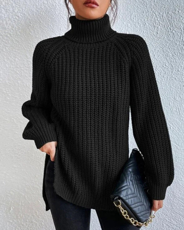 Women’s Turtleneck Sweater – Relaxed Fit – Chunky Knit – Hip Length – Raglan Sleeves