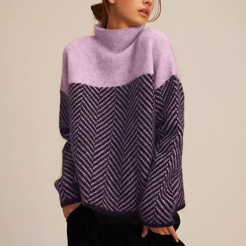 Women’s Turtleneck Sweater – Wool – Relaxed Fit – Chevron Knit – Hip Length – Long Sleeve
