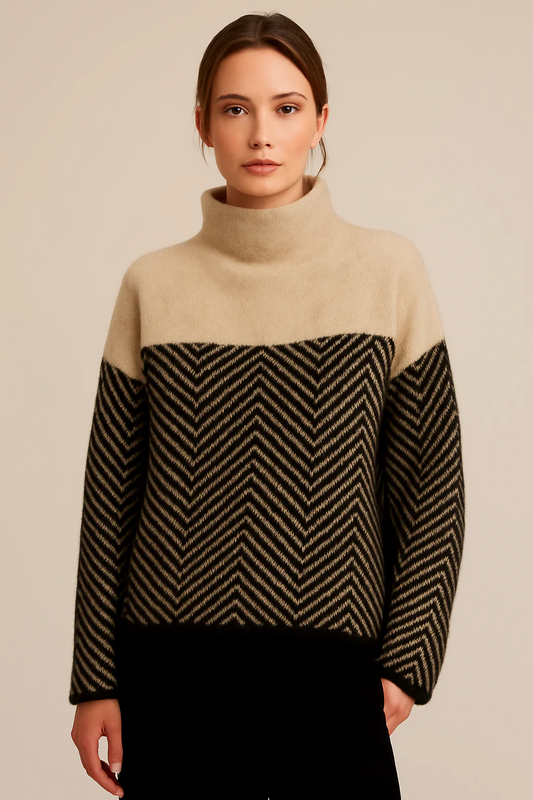 Women’s Turtleneck Sweater – Wool – Relaxed Fit – Chevron Knit – Hip Length – Long Sleeve