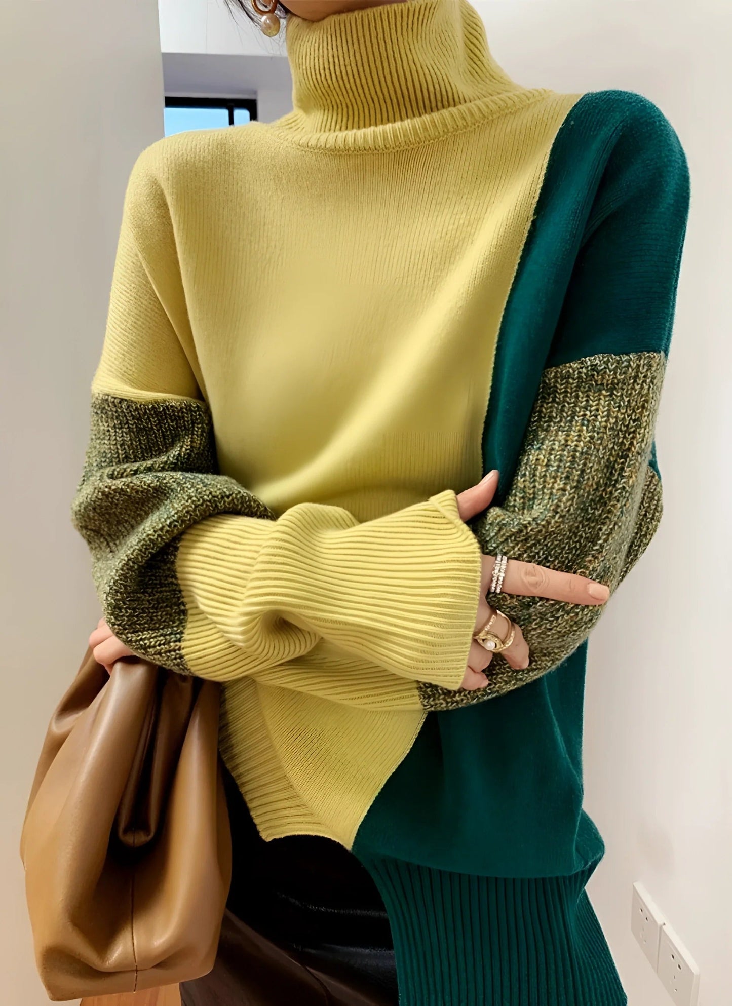 Women’s Turtleneck Sweatshirt – Wool Blend – Relaxed Fit – Asymmetrical Two-Tone Design