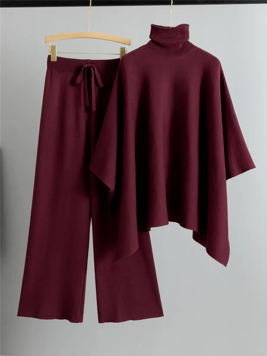Women’s Two-Piece Knit Lounge Set – High Neck Cape Top – Wide-Leg Trousers – Relaxed Fit