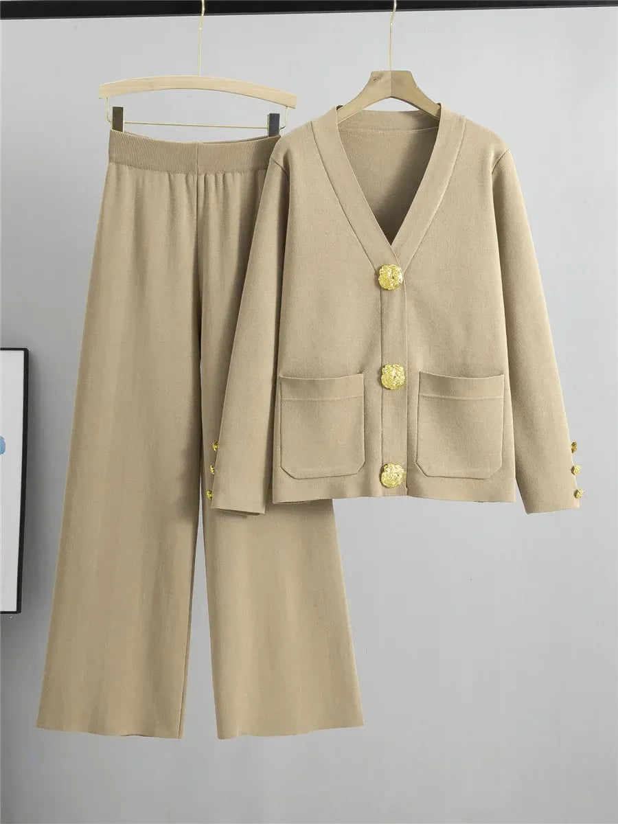 Women’s Two-Piece Knit Set – Relaxed Fit Cardigan with Buttons – Wide-Leg Trousers
