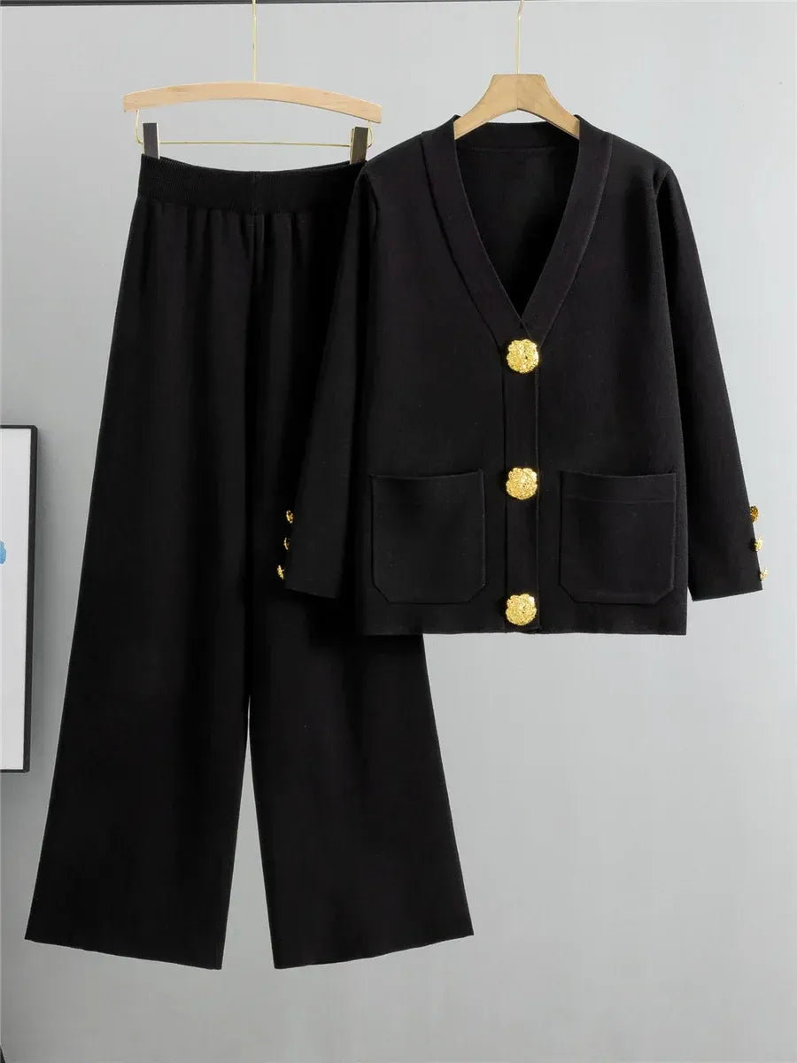 Women’s Two-Piece Knit Set – Relaxed Fit Cardigan with Buttons – Wide-Leg Trousers