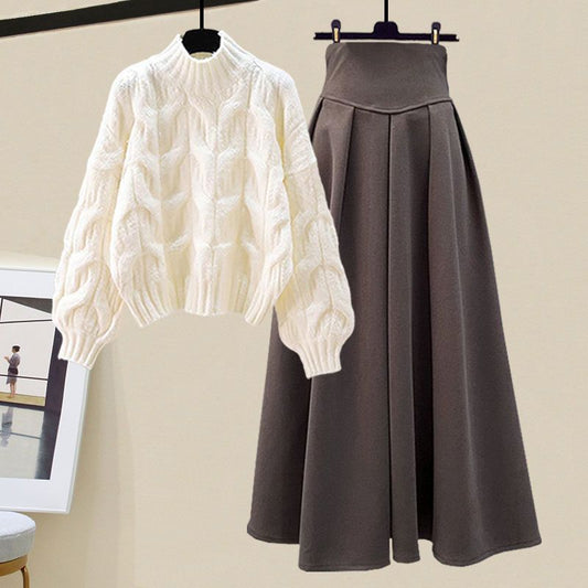 Women’s Two-Piece Set – Cable Knit Oversized Sweater – Pleated A-Line Midi Skirt