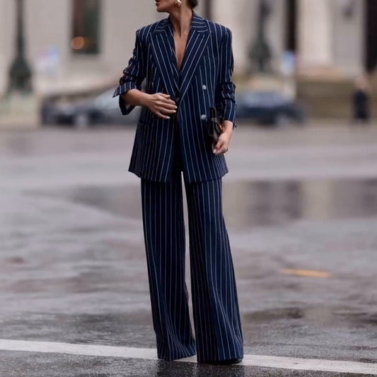 Women’s Two-Piece Suit – Double-Breasted Blazer – Wool Blend – Wide-Leg Flared Trousers