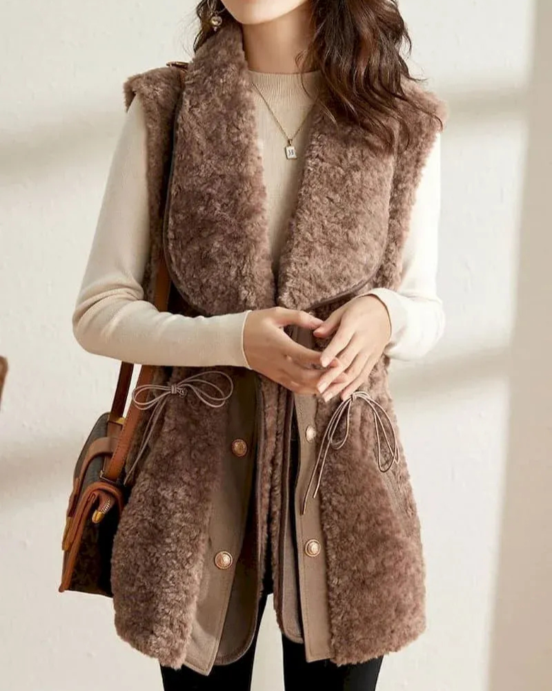 Women’s Vest – Plush Lamb Wool – Shawl Collar – Relaxed Fit – Hip Length Open Front