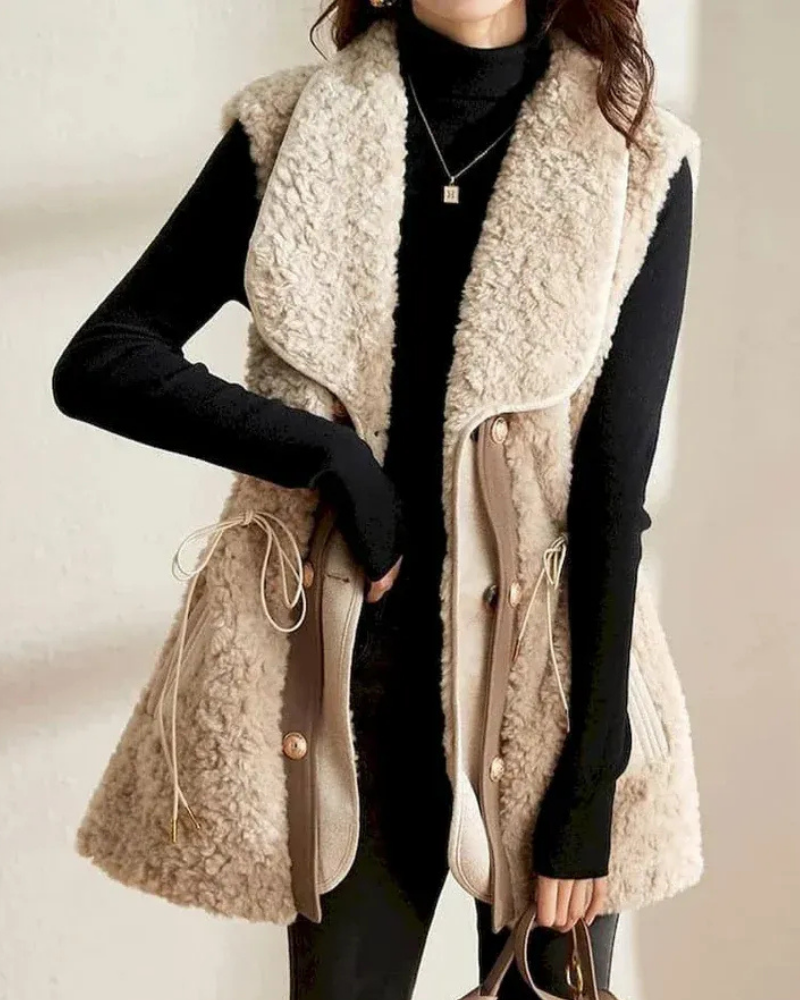 Women’s Vest – Plush Lamb Wool – Shawl Collar – Relaxed Fit – Hip Length Open Front