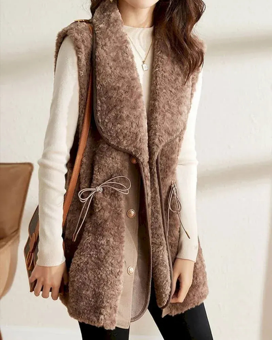 Women’s Vest – Plush Lamb Wool – Shawl Collar – Relaxed Fit – Hip Length Open Front