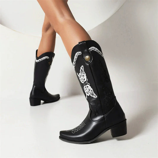 Women’s Western Boots – Embroidered Leather – Mid-Calf – Stacked Heel – Pull-On Style