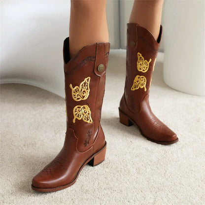 Women’s Western Boots – Embroidered Leather – Mid-Calf – Stacked Heel – Pull-On Style