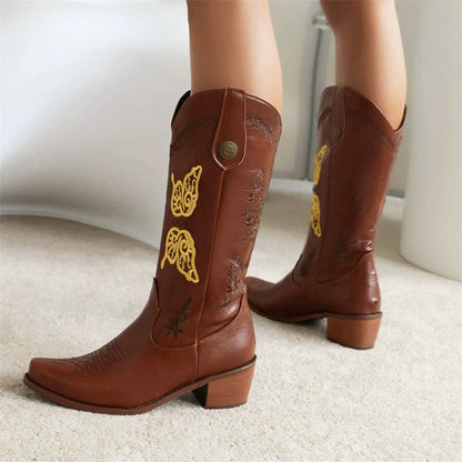 Women’s Western Boots – Embroidered Leather – Mid-Calf – Stacked Heel – Pull-On Style