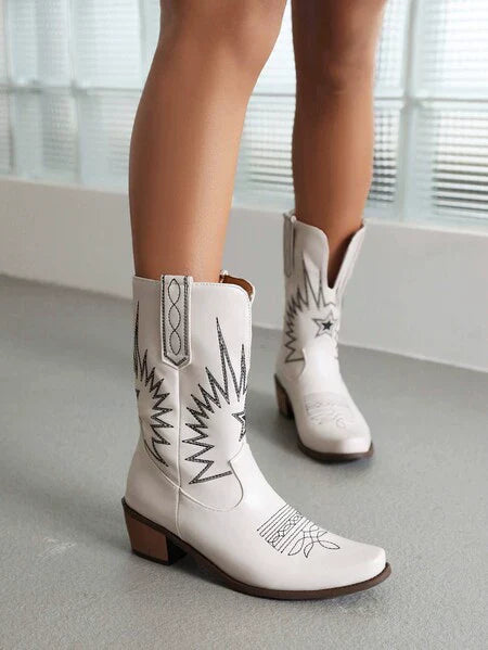 Women’s Western Boots – Mid-Calf Fit – Embroidered – Square Toe – Block Heel