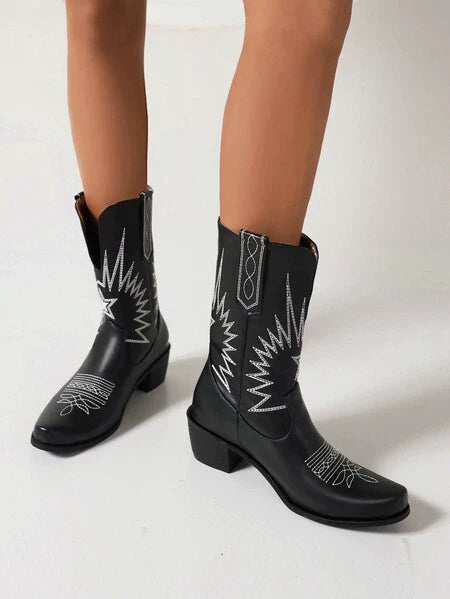 Women’s Western Boots – Mid-Calf Fit – Embroidered – Square Toe – Block Heel
