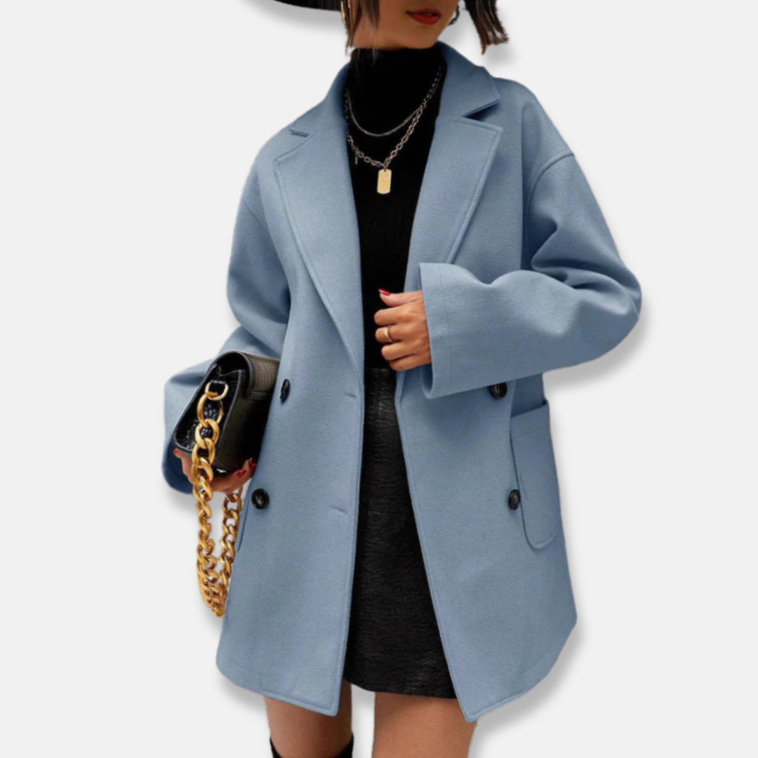 Women’s Wool Coat – Double-Breasted – Relaxed Fit – Notched Lapels – Mid-Thigh Length