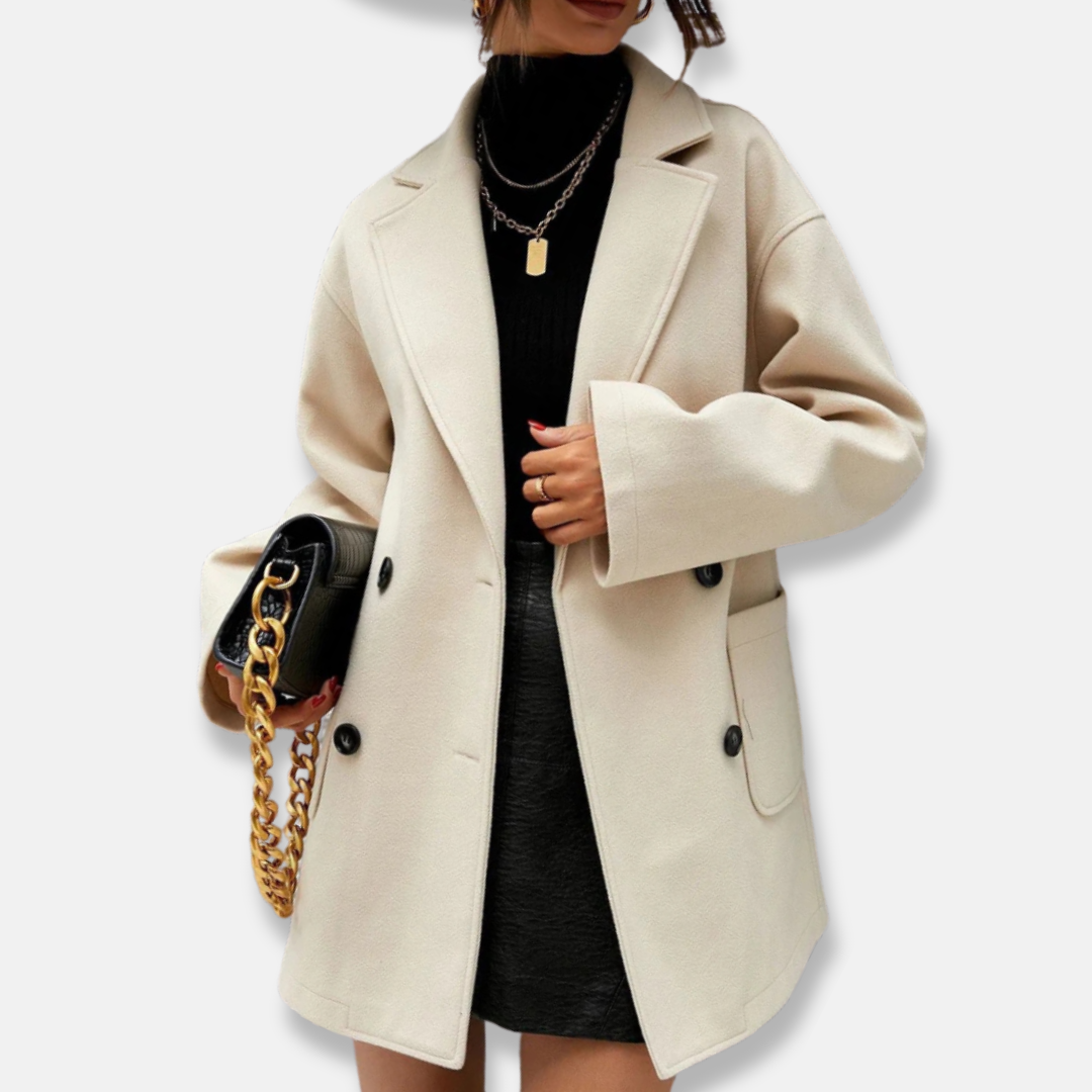 Women’s Wool Coat – Double-Breasted – Relaxed Fit – Notched Lapels – Mid-Thigh Length