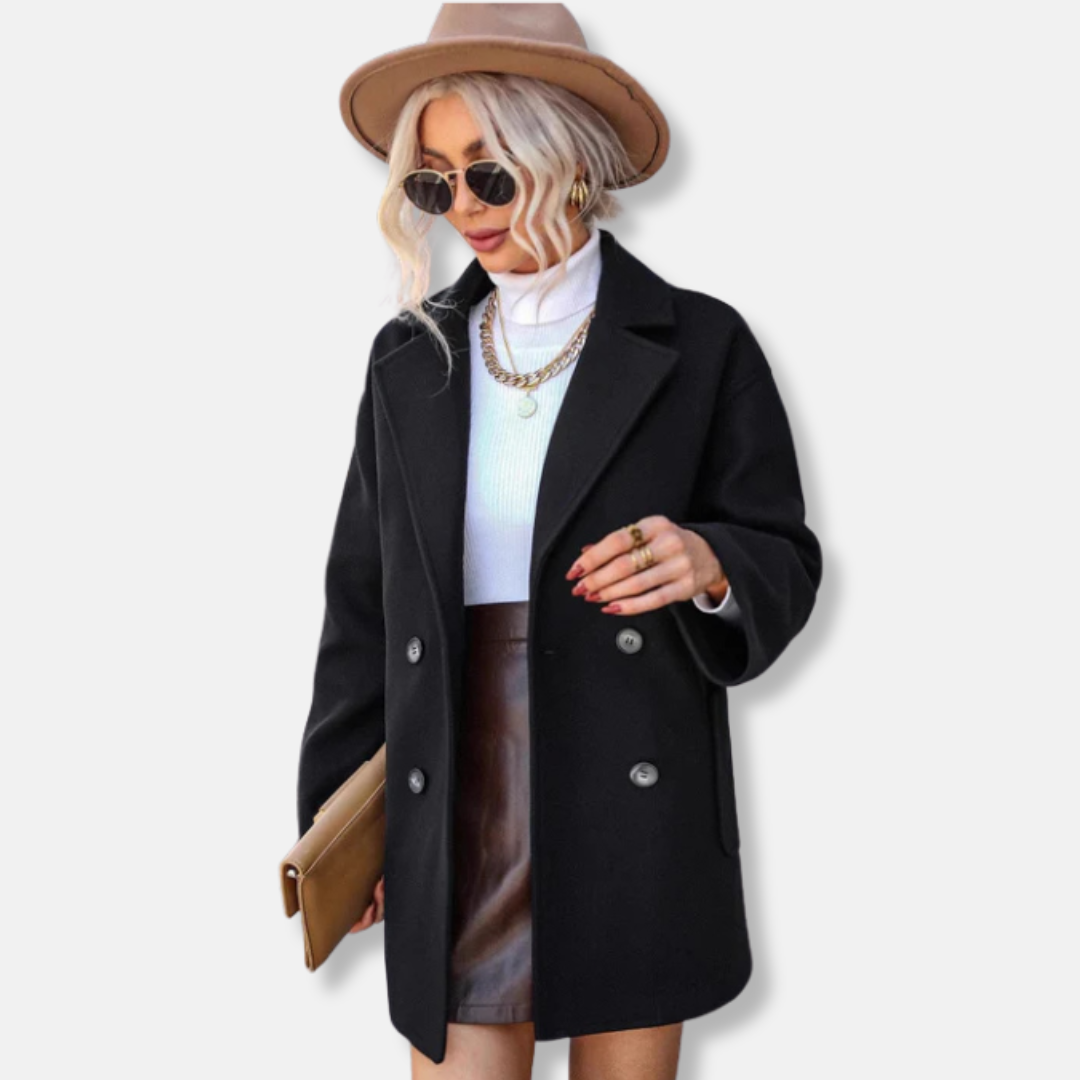 Women’s Wool Coat – Double-Breasted – Relaxed Fit – Notched Lapels – Mid-Thigh Length