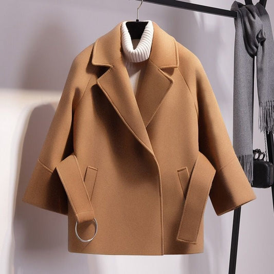 Women’s Wool Coat – Loose Fit – Notched Lapel – Open Front – Strap Sleeve – Pockets